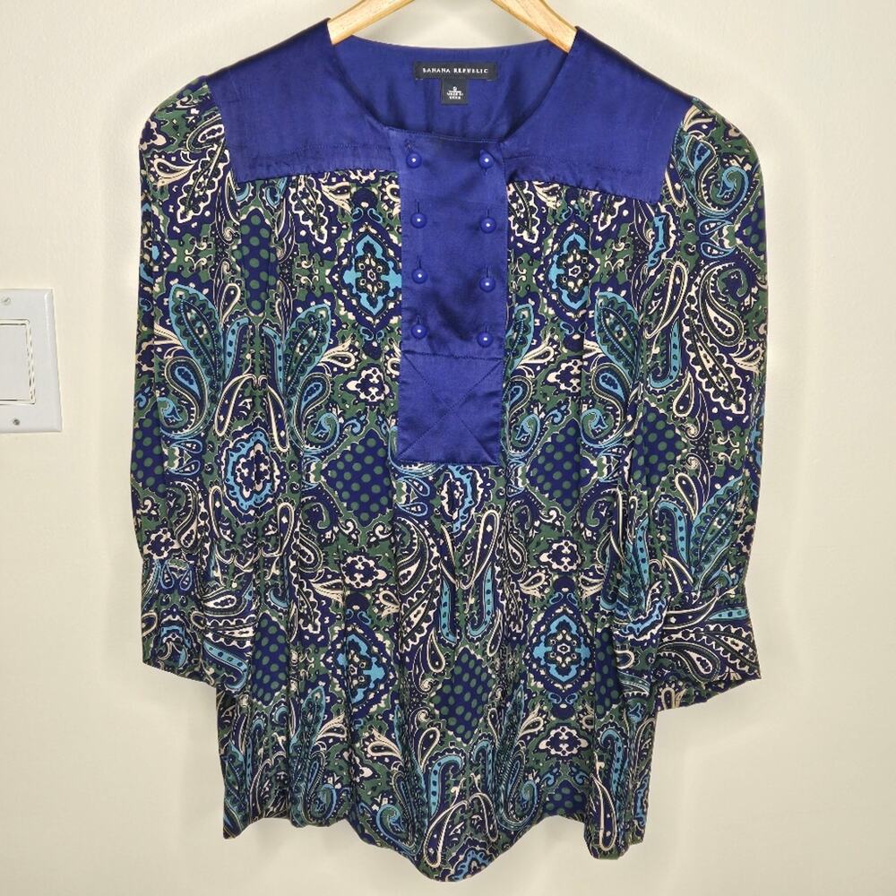 BANANA REPUBLIC Women's Blue & Multicolor Paisley Front Button Panel Blouse Sz S
